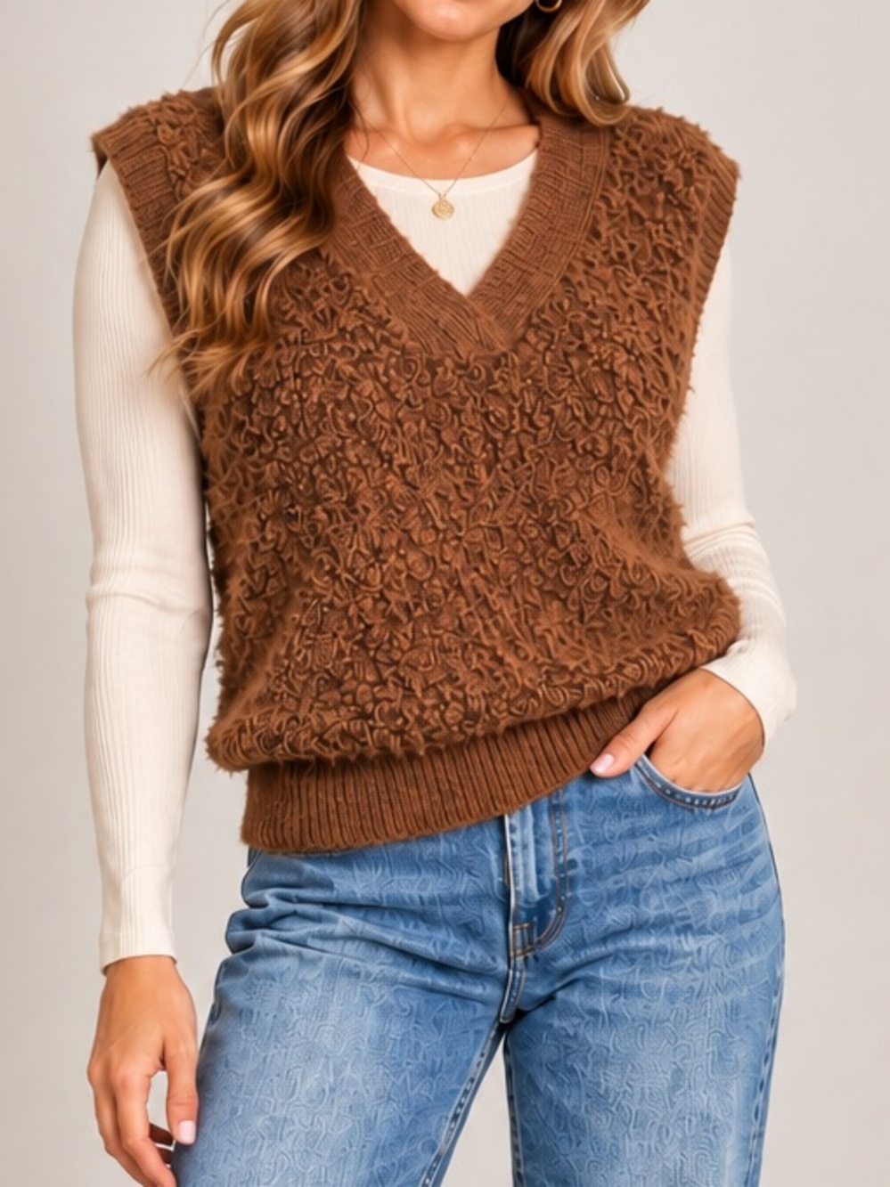 Vero Moda Brown Fuzzy V Neck Sleeveless Sweater Textured Knit Small